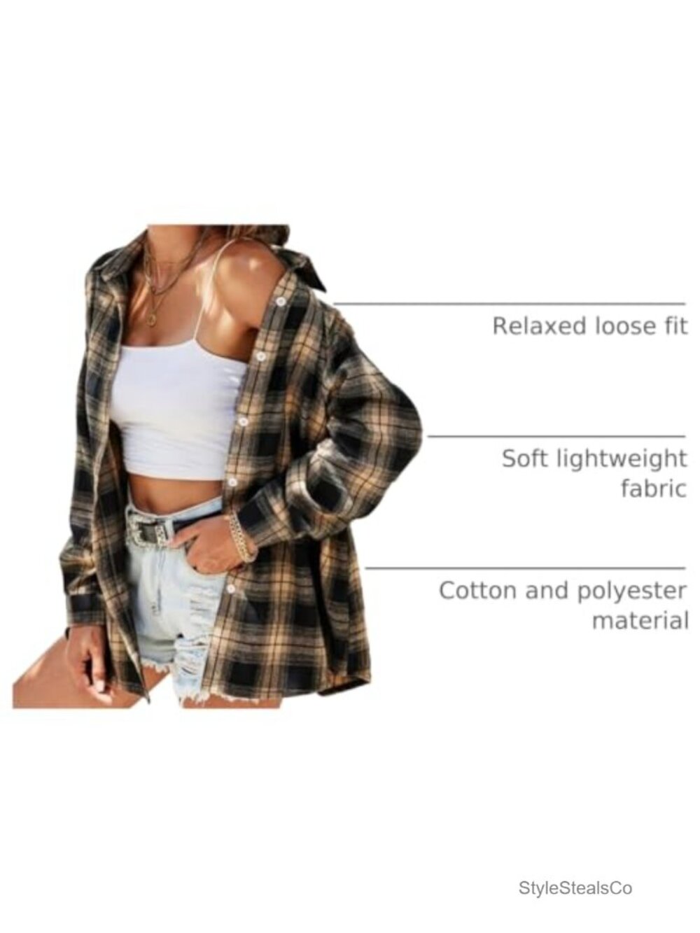 Oversized Flannel Button Down Shirt Women Long Sleeve Plaid - Picture 3 of 6